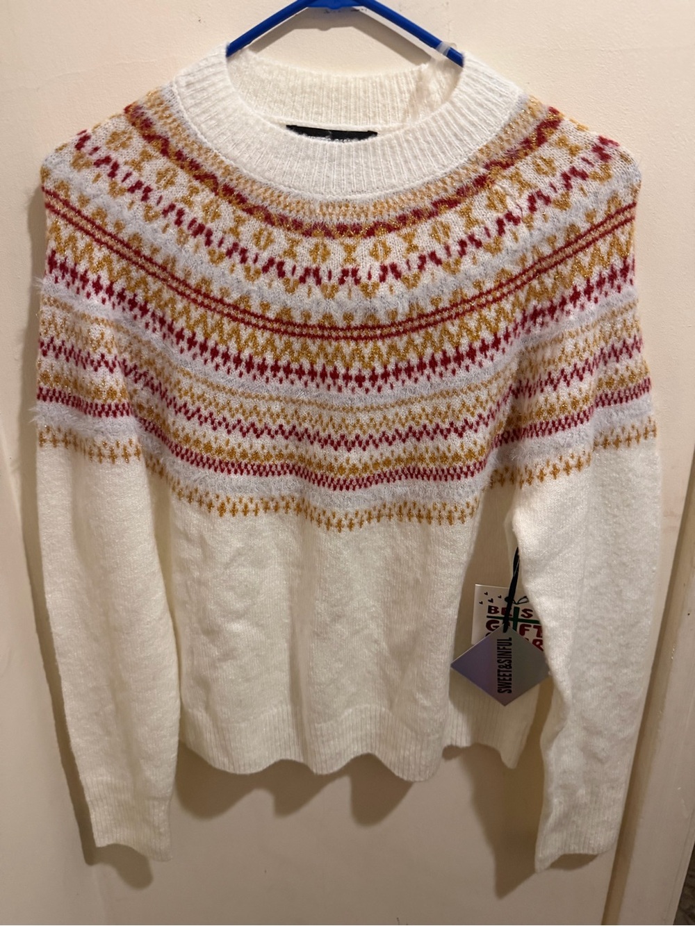 Women's Cream Fair Isle Crewneck Sweater with Red & Gold Pattern